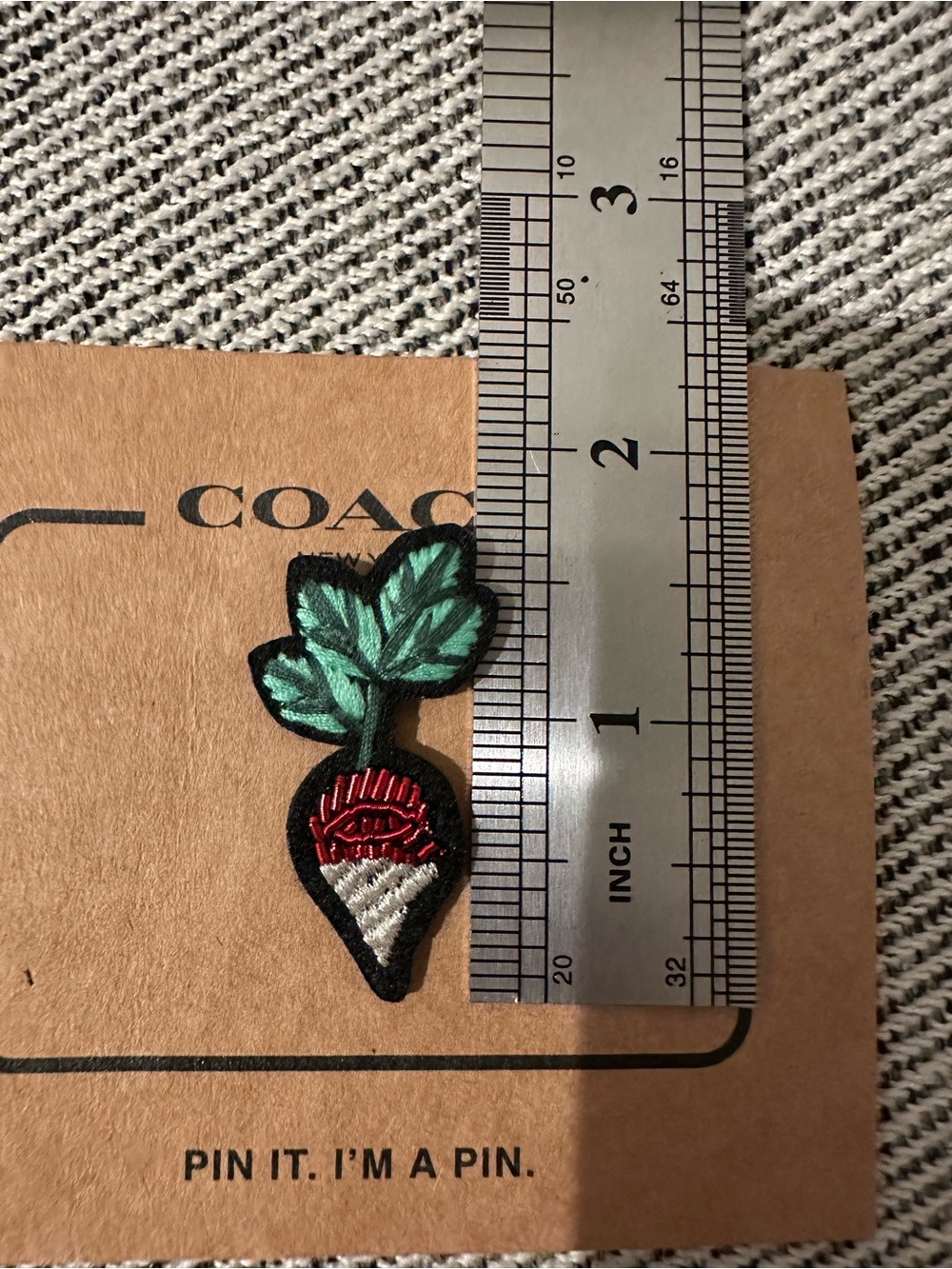 NWT Coach New York Embroidered Radish / Turnip Lapel Pin Badge (Style F27373)